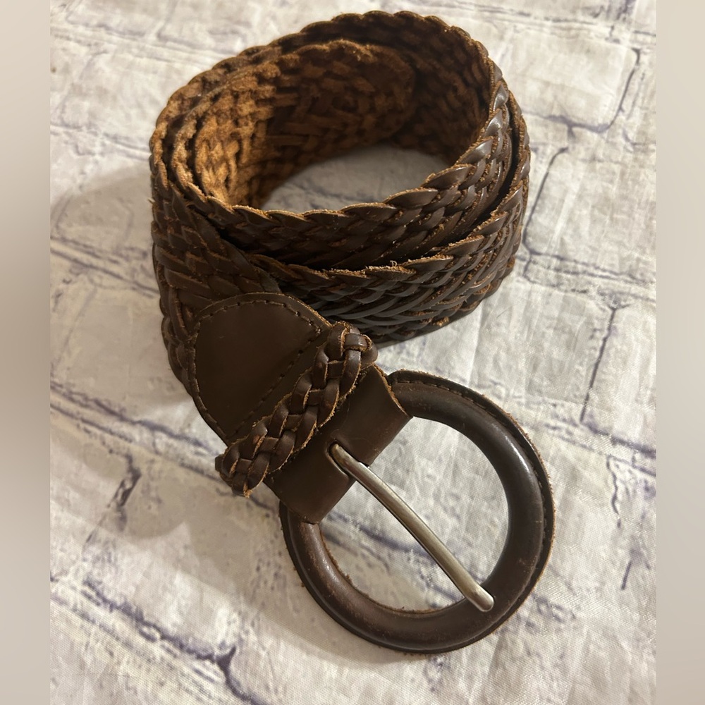 ABERCROMBIE & FITCH CHOCOLATE BROWN GENUINE LEATHER COVERED BUCKLE BRAIDED BELT